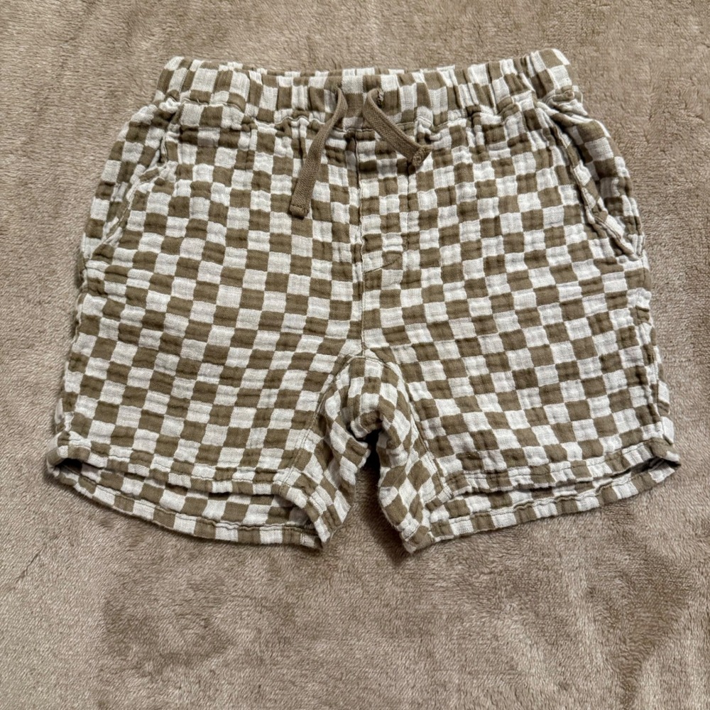 Rylee + Cru Kids Checkered Linen Cotton Shorts Olive Cream Size 6-7Y
